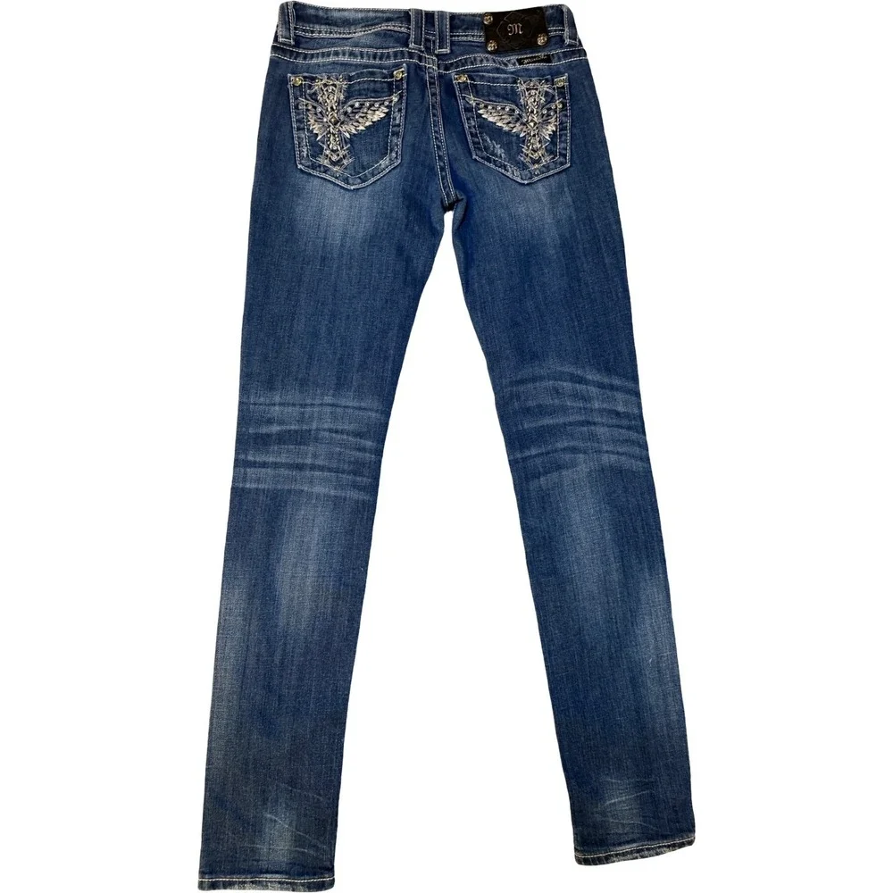 Miss Me Skinny Jeans Womens 27 Blue Embroidered Wing Rhinestone JP5117SK2